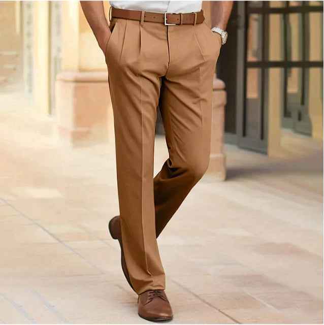 Men's Casual Suit Pants - Mid Waist Straight Long Trousers for Office Business Formal