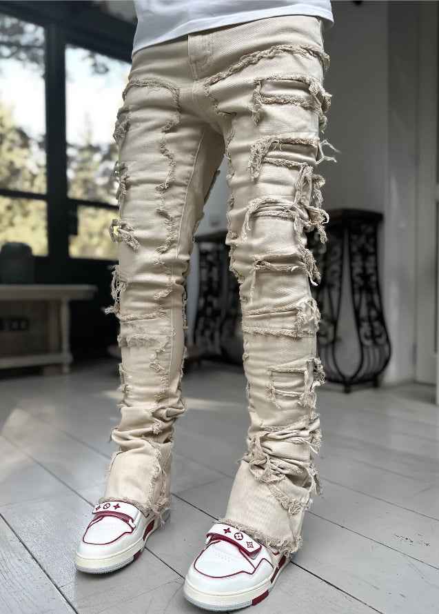 Men's Stacked Jeans for Men - Individual Patched Long Tight Fit Pants