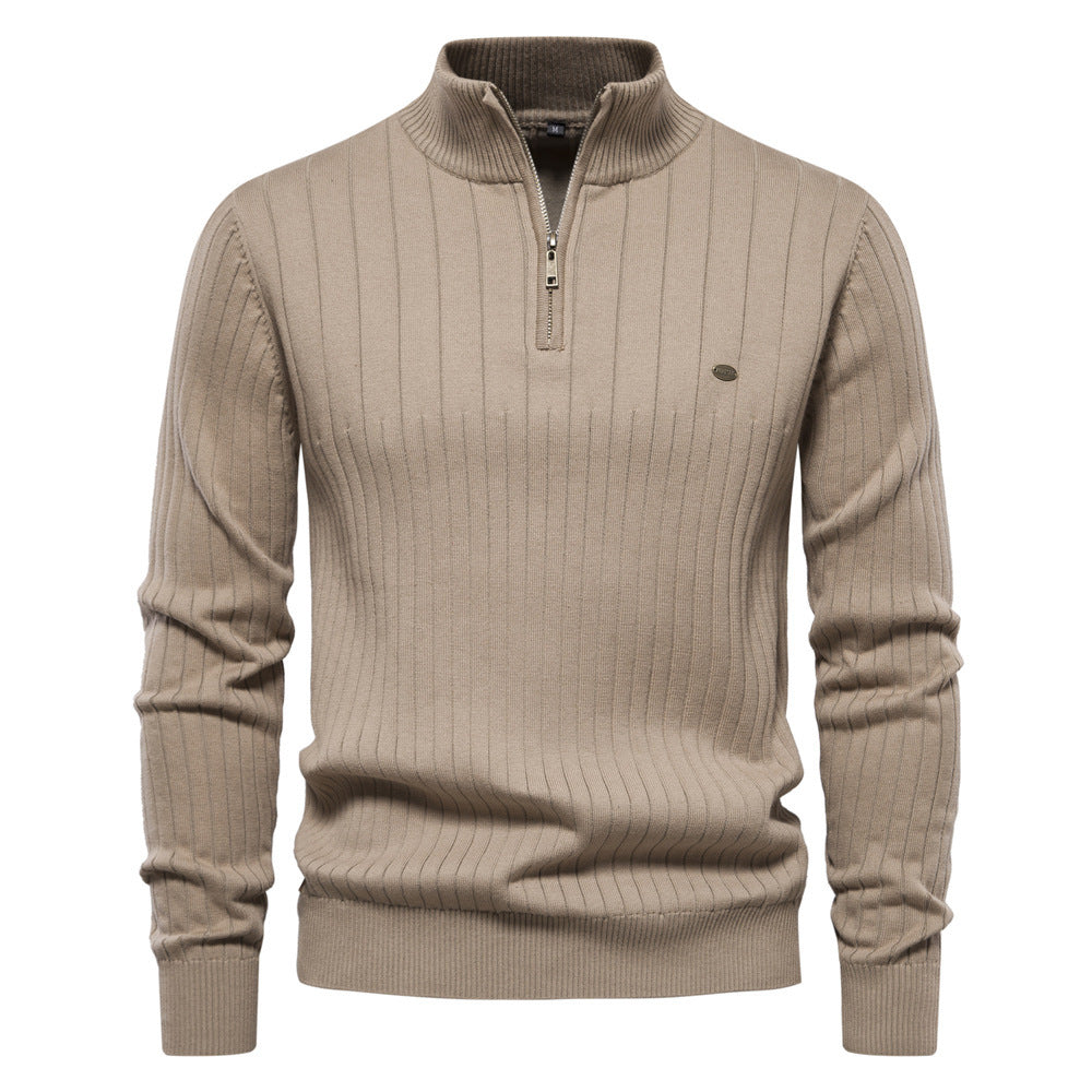 Men's Stand Collar Sweater Fashion Half-zipper Solid Color Striped Knit Sweater High Quality Slim Fit Top Clothing - TWENTY ONE SEVEN