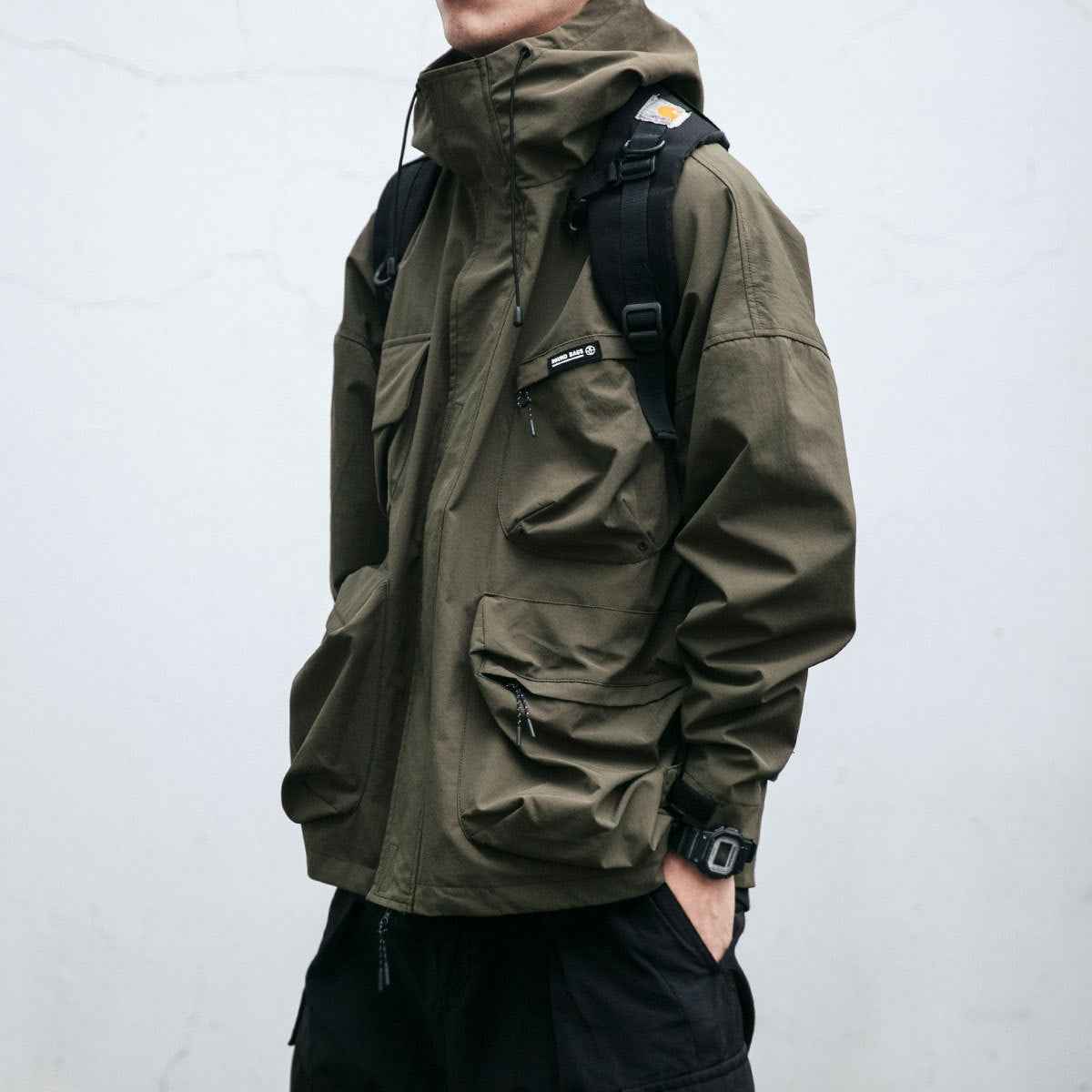 Hooded Windproof Jacket Men's Loose Three-dimensional Pocket Casual Clothing