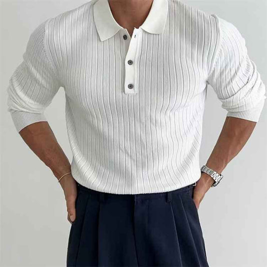 Lapel Button Slim Fit Polo Shirt Long Sleeve Knitted Bottoming Top for Men