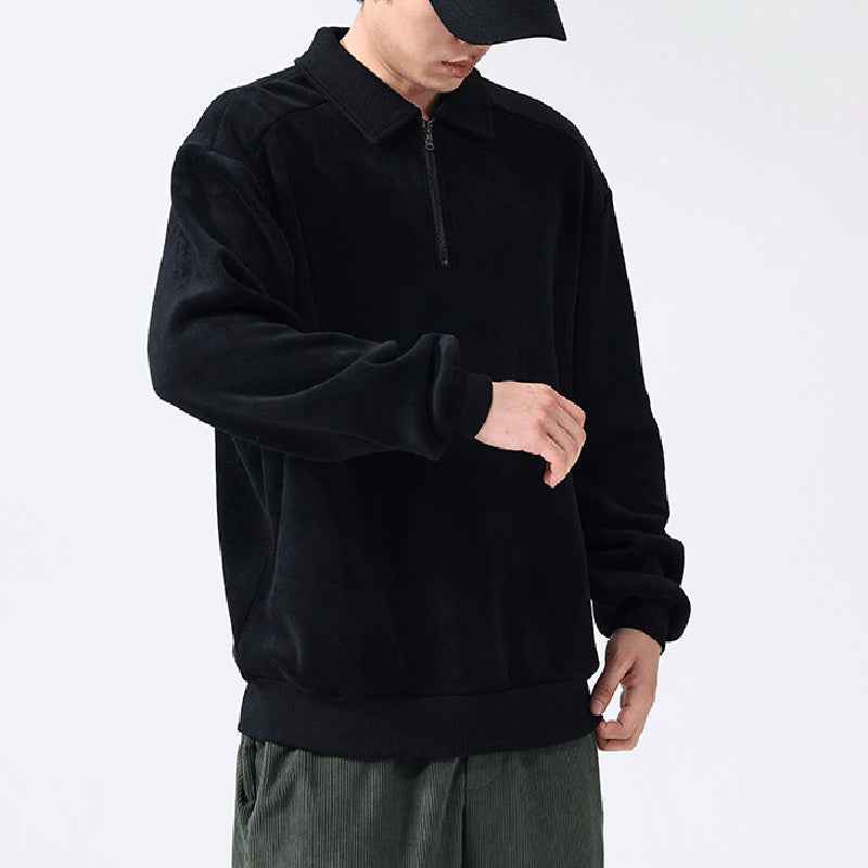 Fashion Lapel Men's Fleece Half-Zip Sweatshirt Winter Warm Long Sleeve Top