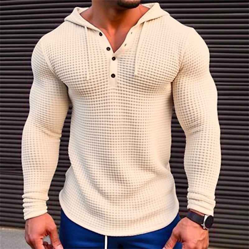 Men's Casual Long Sleeve T-shirt Waffler Slim Pullover Sweatshirt Solid Color Comfortable Outdoor Streetwear S-3XL