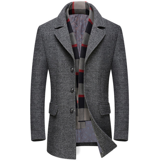 Thick Quilted Lapel Collar Men's Wool Overcoat - Mid-length Style