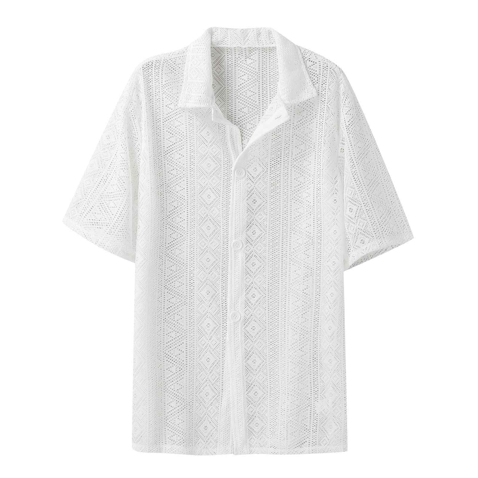 Fashion Hollow Short Sleeve Shirt Summer Mesh Lapel Button Tops - Trendy Hollow Short Sleeve Shirt