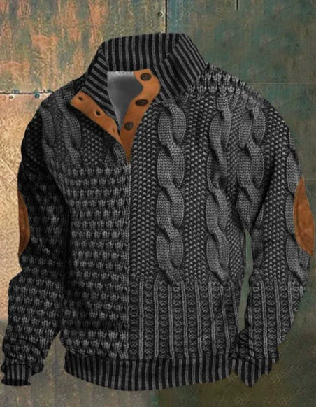 3D Printed Polo Sweater for Men - Trendy Stand Collar Buckle Design