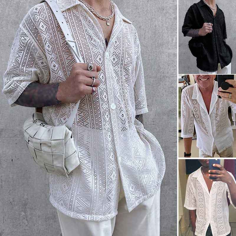 Fashion Hollow Short Sleeve Shirt Summer Mesh Lapel Button Tops - Trendy Hollow Short Sleeve Shirt