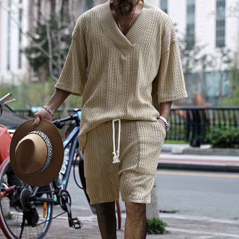 Casual Jacquard Suit Set: Summer V-neck Short-sleeved T-shirt & Drawstring Pocket Shorts 2pcs for Men