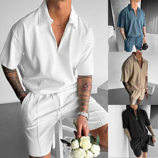 Men's Casual Summer Set - Stylish Zipper Polo & Drawstring Shorts