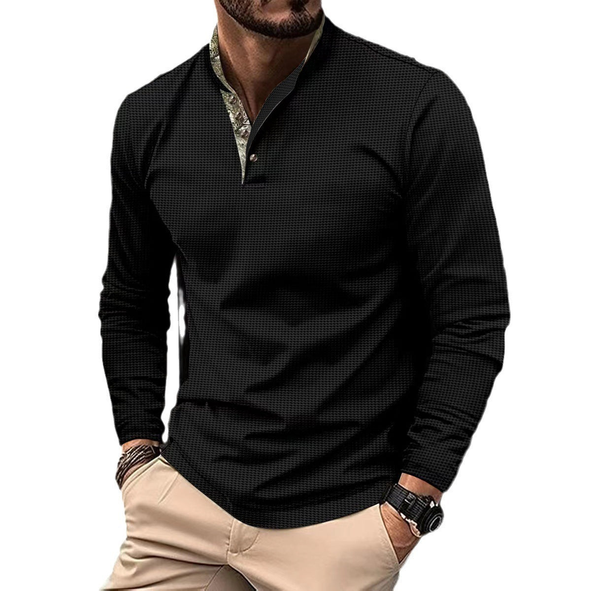 Men's Double Layer Lapel Polo Shirt Fashion Waffle Long-sleeved Tops Clothing - TWENTY ONE SEVEN