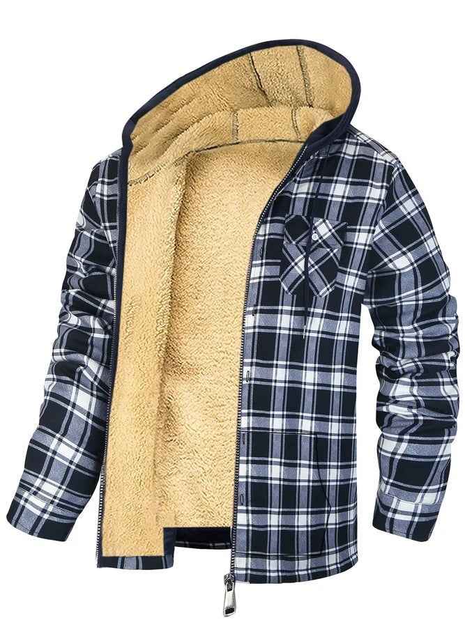 Men's Plaid Hooded Jacket Winter Thickened Cotton-Padded Coat Warm Clothing