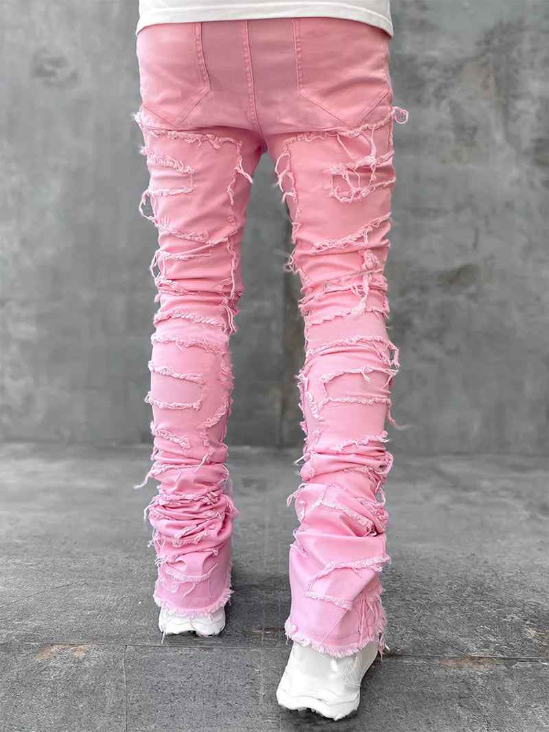 Men's Stacked Jeans for Men - Individual Patched Long Tight Fit Pants