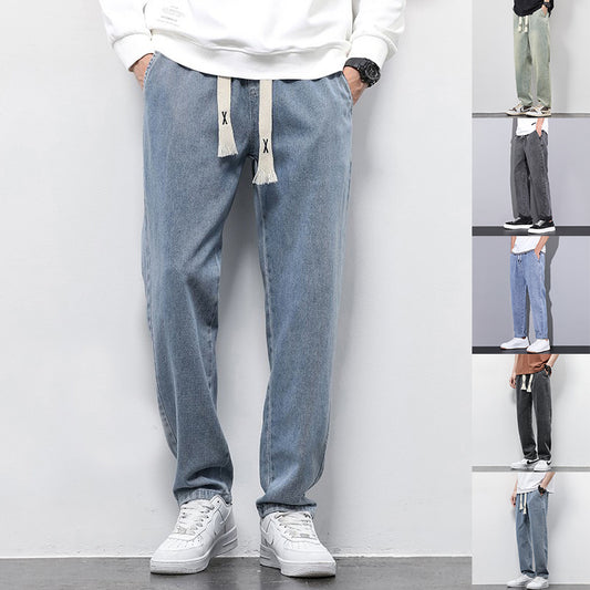 Summer Loose Wide Leg Jeans Pants Men Fashion Drawstring Elasticated Straight Trousers - TWENTY ONE SEVEN