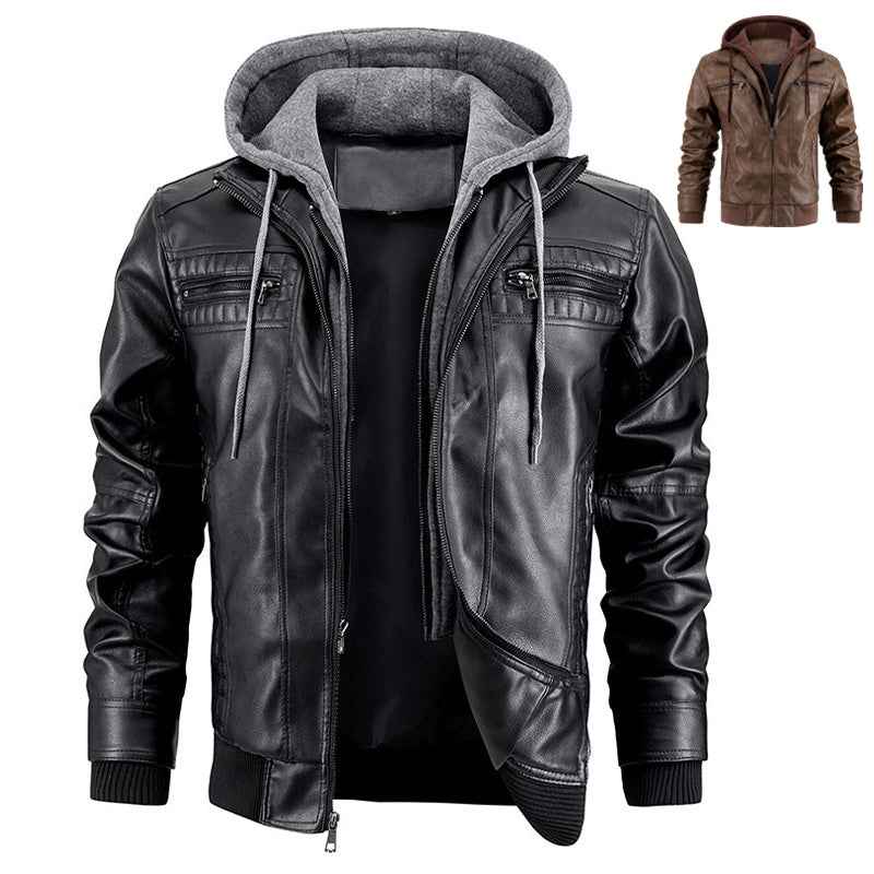 Hooded Leather Jacket with Zipper Pockets - Warm PU Leather Coat for Men