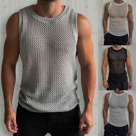 Solid Color Hollow Knitted Vest - Round Neck Sleeveless Design