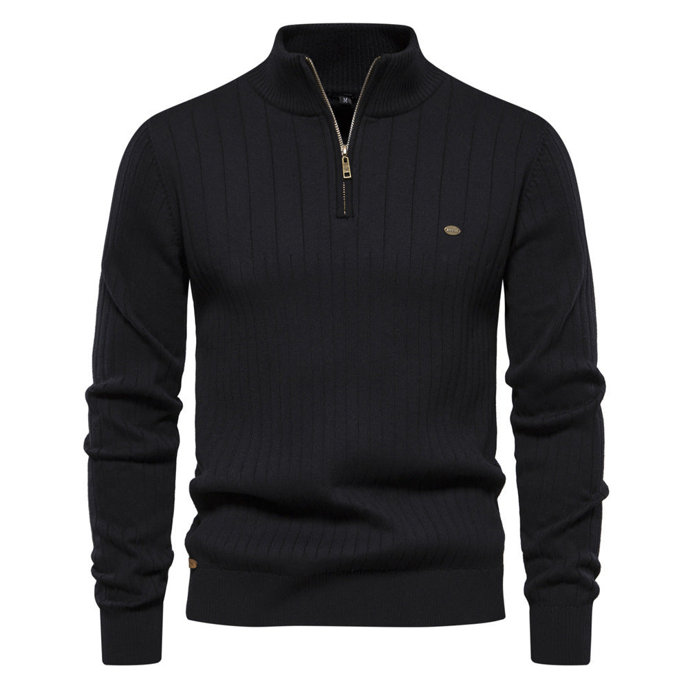 Men's Stand Collar Sweater Fashion Half-zipper Solid Color Striped Knit Sweater High Quality Slim Fit Top Clothing - TWENTY ONE SEVEN