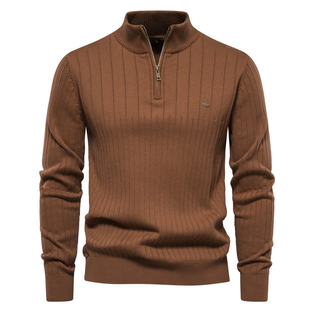 Men's Stand Collar Sweater Fashion Half-zipper Solid Color Striped Knit Sweater High Quality Slim Fit Top Clothing - TWENTY ONE SEVEN