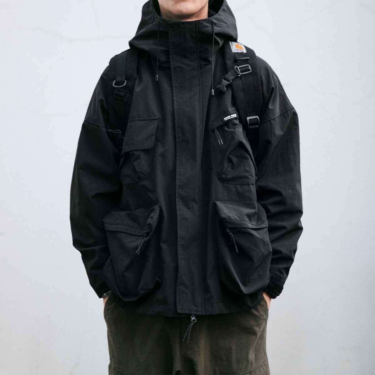 Hooded Windproof Jacket Men's Loose Three-dimensional Pocket Casual Clothing