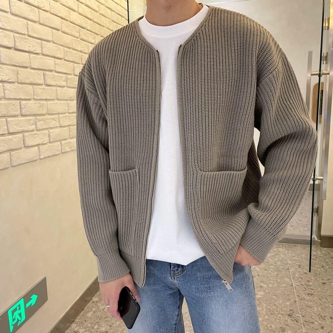 Men Zip Up Knitted Cardigan Lined Funnel Neck Jumper Sweater Pockets Coat All Seasons Comfortable Soft Long Sleeve - TWENTY ONE SEVEN