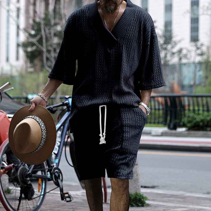 Casual Jacquard Suit Set: Summer V-neck Short-sleeved T-shirt & Drawstring Pocket Shorts 2pcs for Men