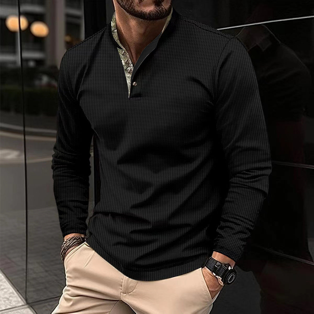 Men's Double Layer Lapel Polo Shirt Fashion Waffle Long-sleeved Tops Clothing - TWENTY ONE SEVEN