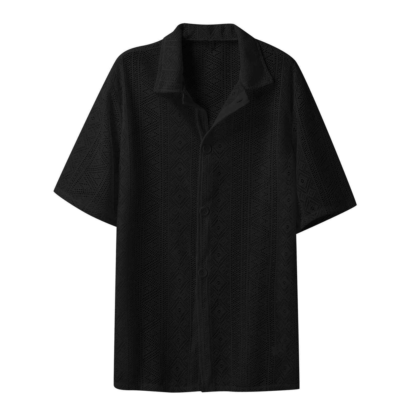 Fashion Hollow Short Sleeve Shirt Summer Mesh Lapel Button Tops - Trendy Hollow Short Sleeve Shirt
