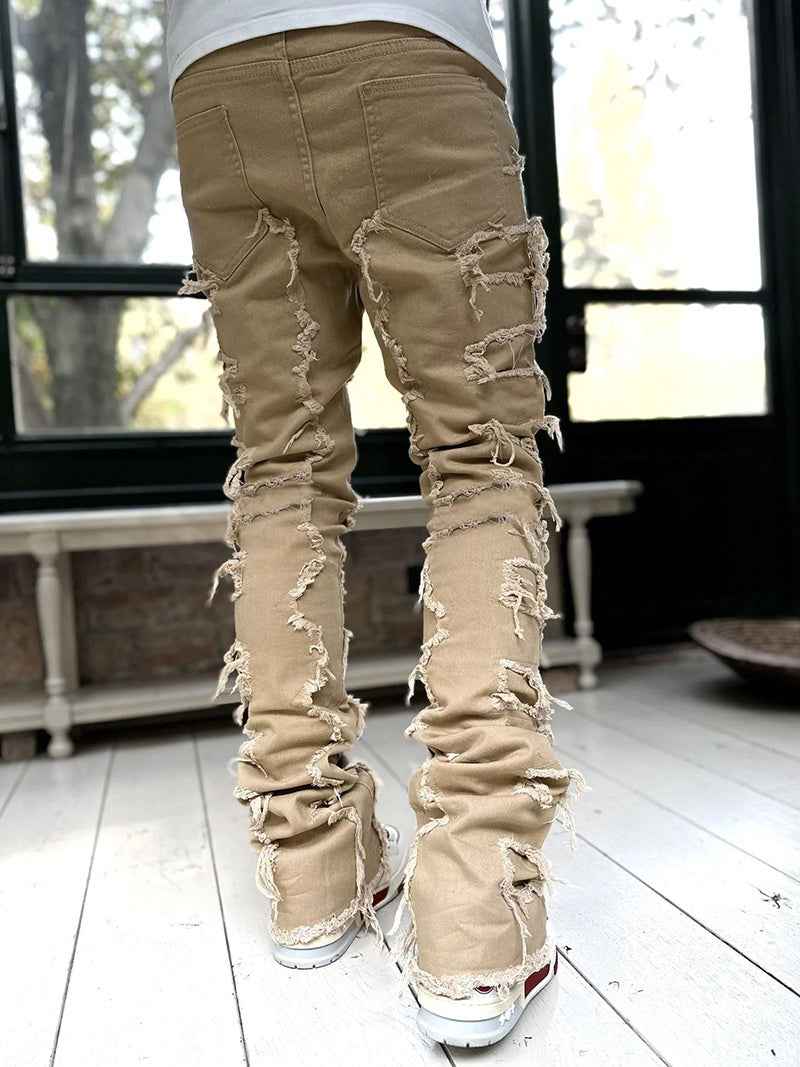 Men's Stacked Jeans for Men - Individual Patched Long Tight Fit Pants