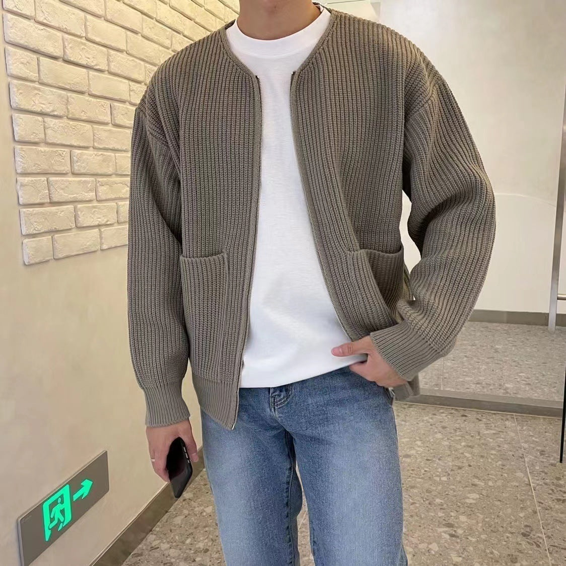 Men Zip Up Knitted Cardigan Lined Funnel Neck Jumper Sweater Pockets Coat All Seasons Comfortable Soft Long Sleeve - TWENTY ONE SEVEN