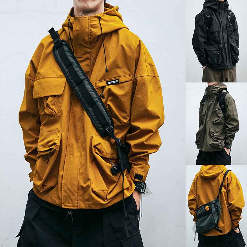 Hooded Windproof Jacket Men's Loose Three-dimensional Pocket Casual Clothing