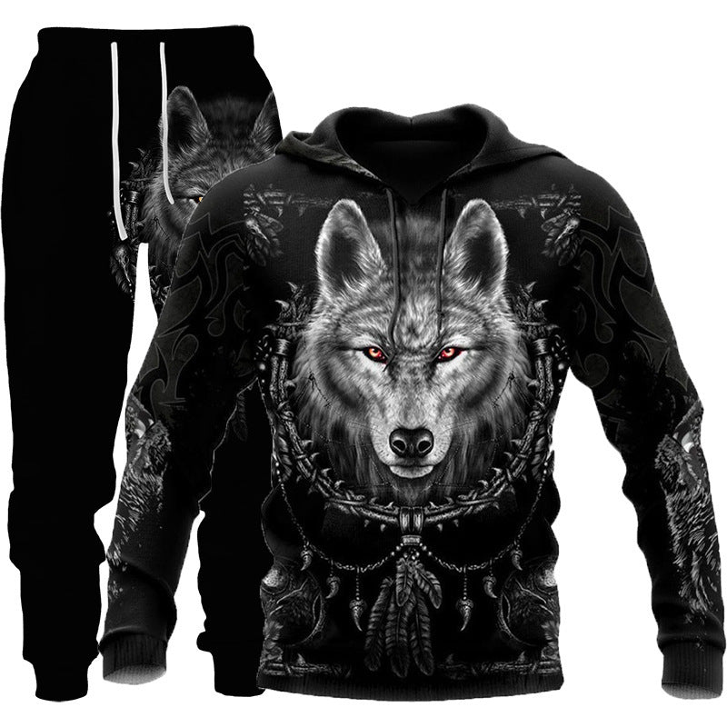 3D Wolf Tracksuit for Men - Hooded Sweatsuit Two Piece Sportswear Jogging Set for Fitness and Outdoors