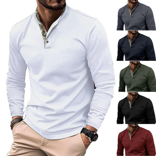 Men's Double Layer Lapel Polo Shirt Fashion Waffle Long-sleeved Tops Clothing - TWENTY ONE SEVEN